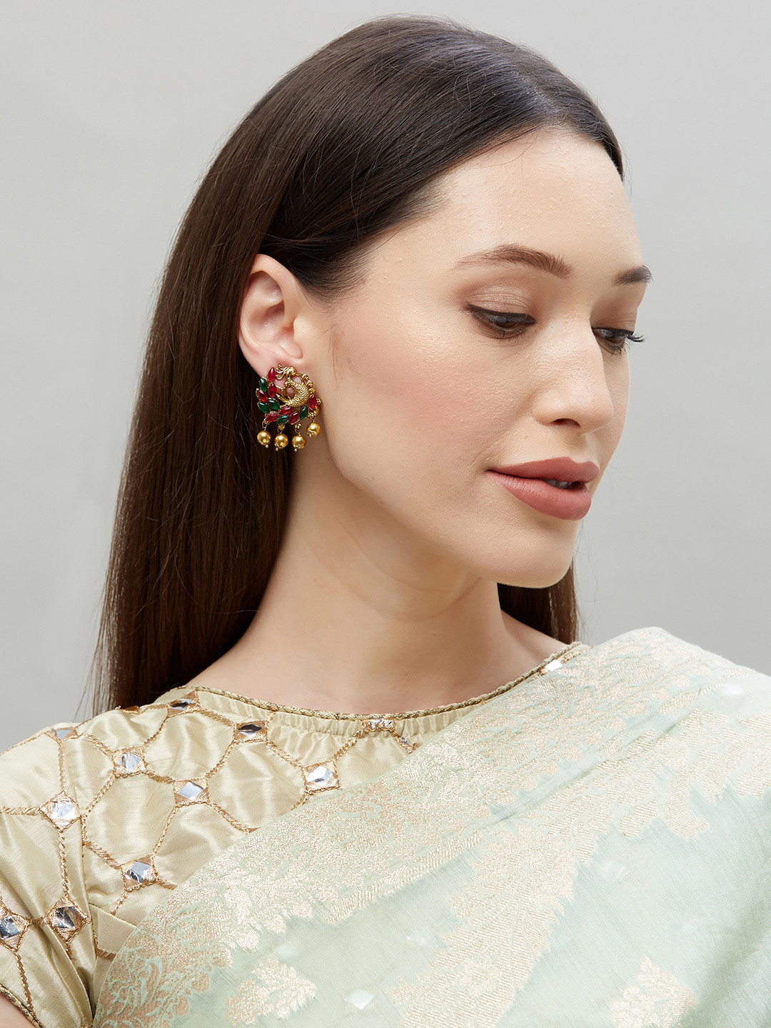 Fida Gold & Green Peacock Shaped Studs