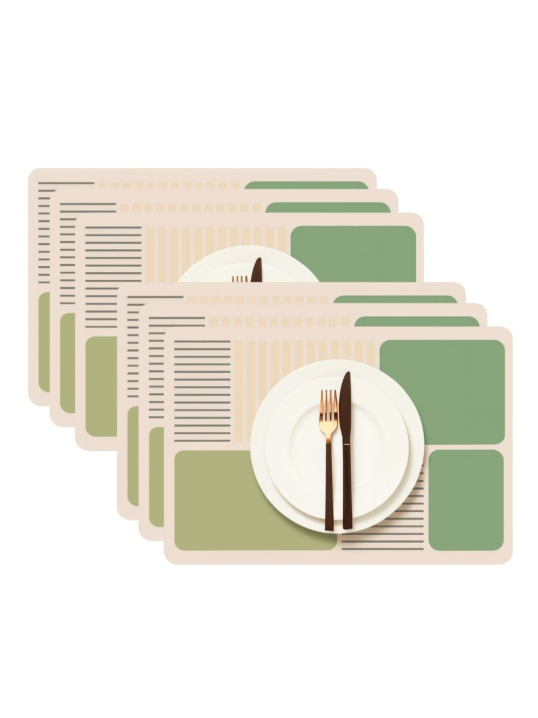 YELONA 6Pcs Beige & Green Striped Waterproof Heat-Resistant Anti-Slip Table Placemats