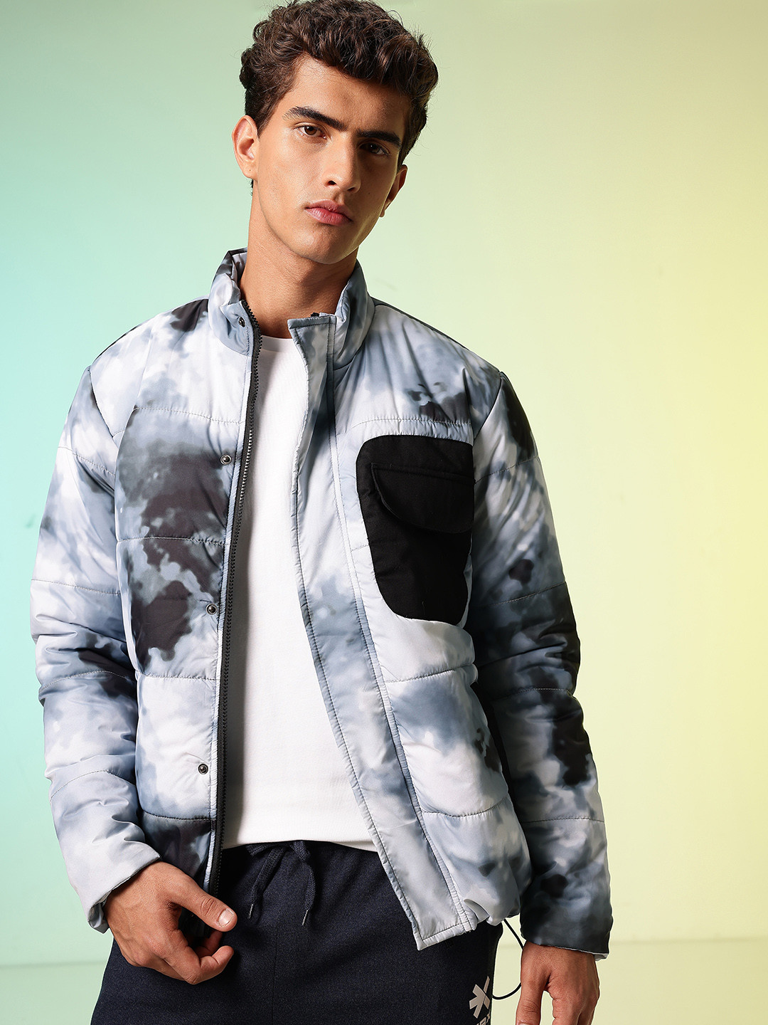 HRX by Hrithik Roshan Tie and Dye Printed Mock Collar Padded Jacket