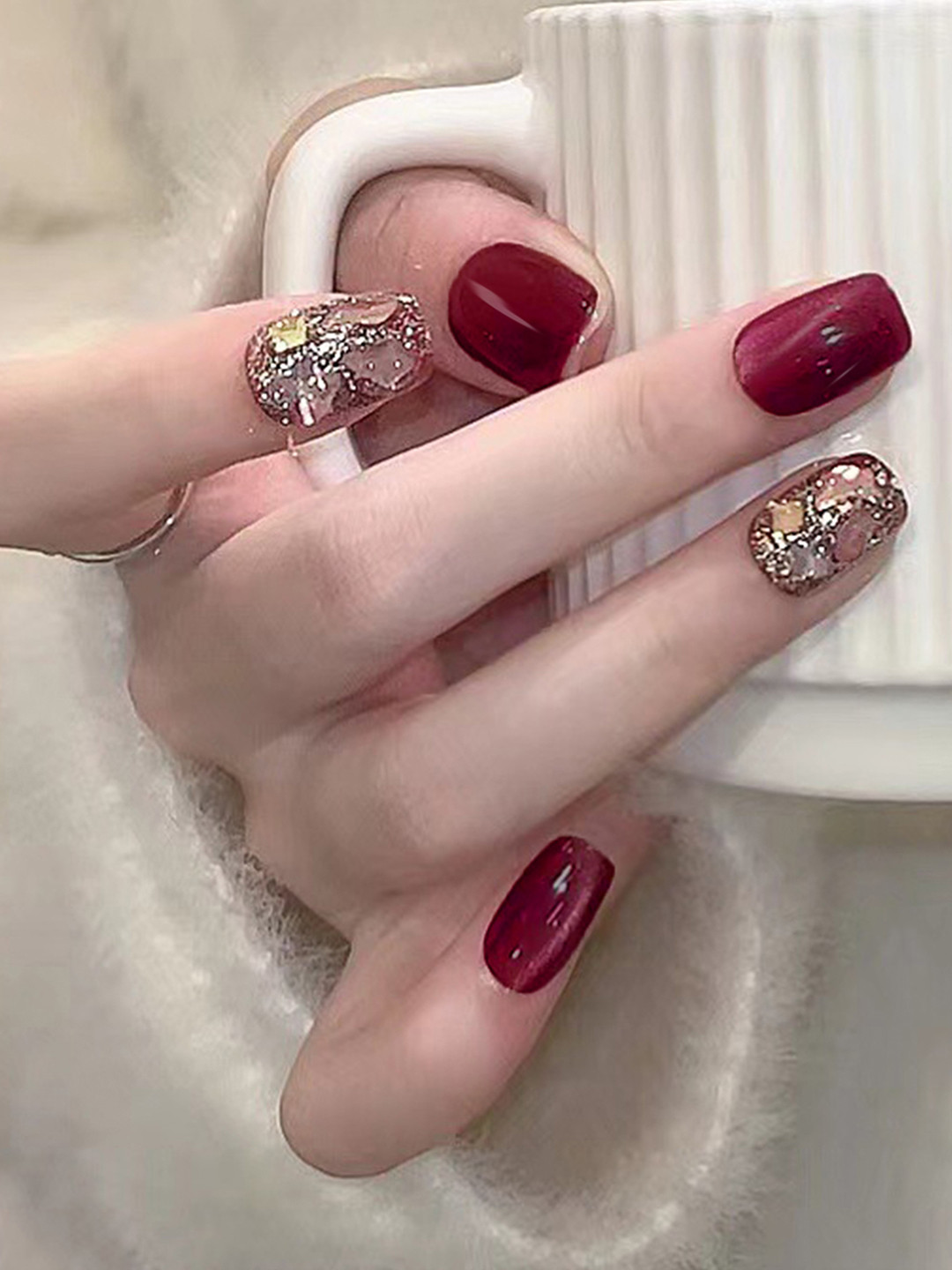 Secret Lives Set Of 24 Reusable Stick On Artificial Nails - Cherry Stone