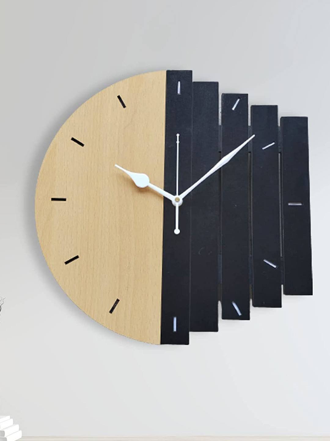 QEZNEF Beige & Balck Contemporary Analouge Wooden Wall Clock