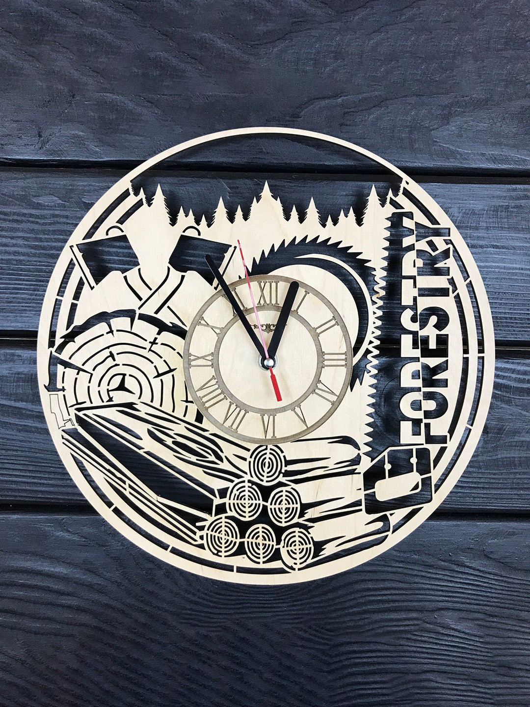 QEZNEF White And Black Tropical Round Wooden Analogue Wall Clock