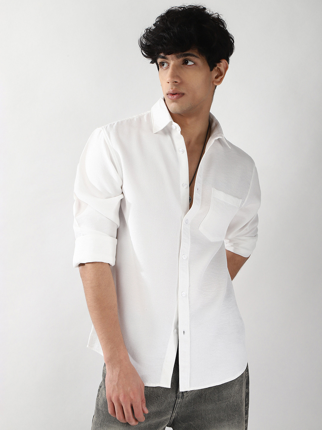 Urbano Fashion Men White Solid Linen Full Sleeve Relaxed Fit Casual Shirt