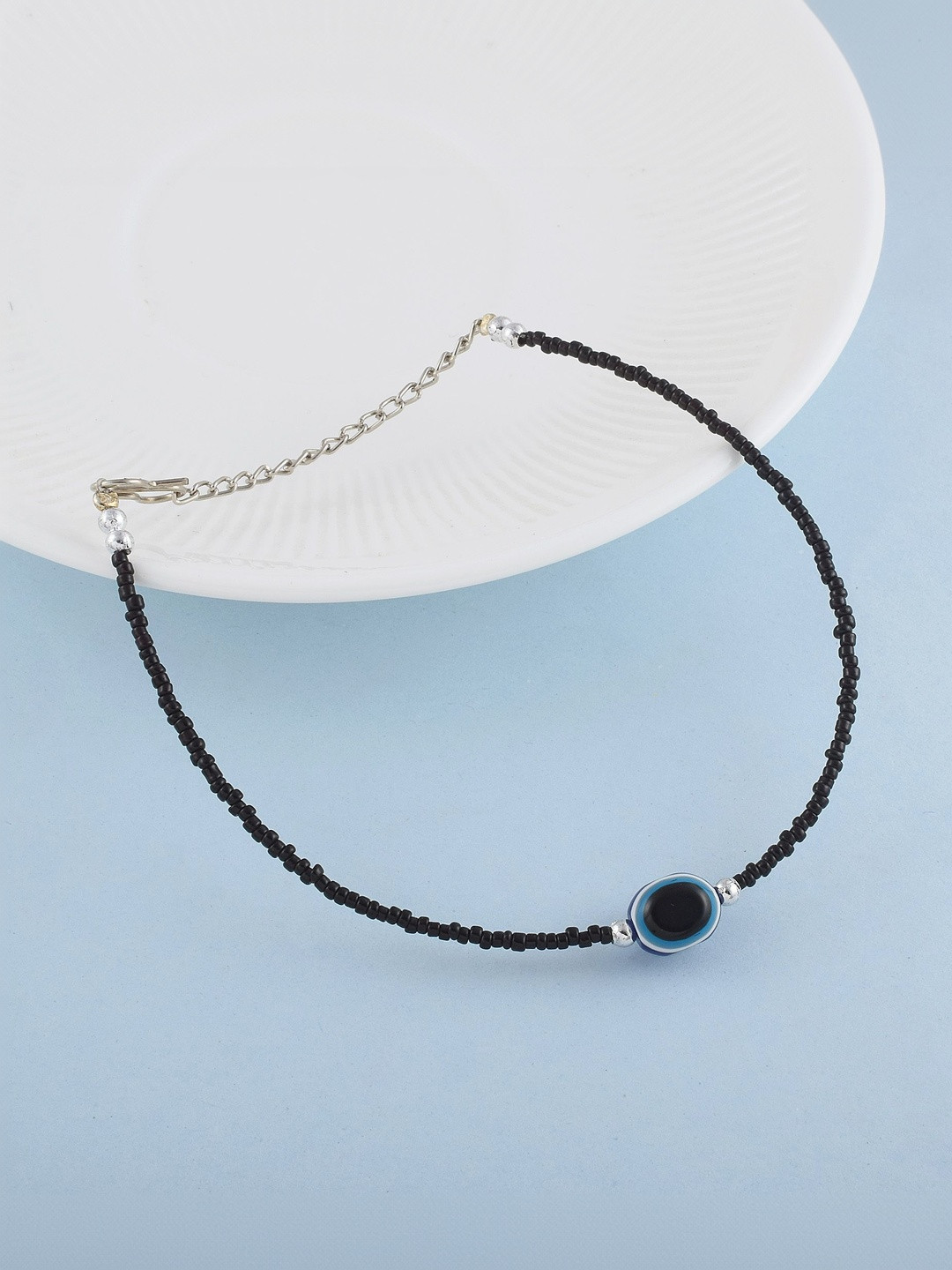 DZINETRENDZ Single Leg Adjustable Evil Eye Silver-Plated Anklet