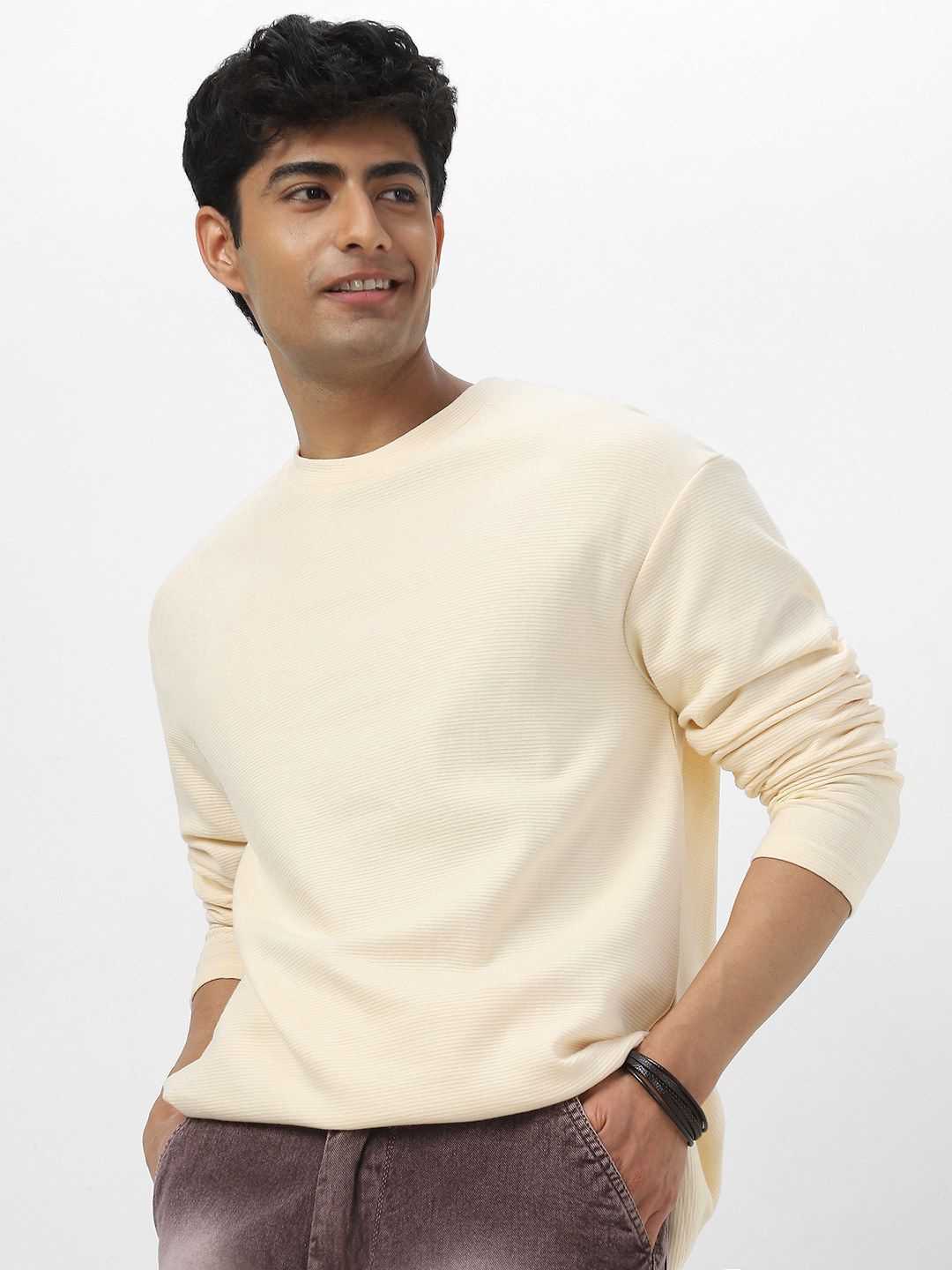 Urbano Fashion Men Cotton Textured Round Neck Oversized Full Sleeve T-Shirt