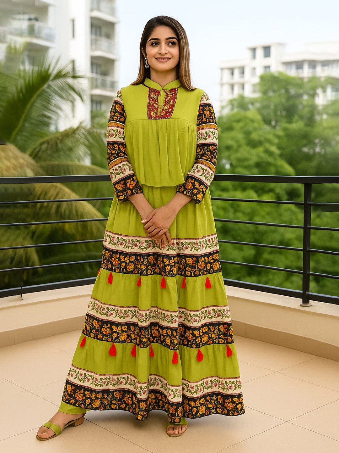 Rashmi Shree Creation Floral Printed Mandarin Collar Top With Skirt