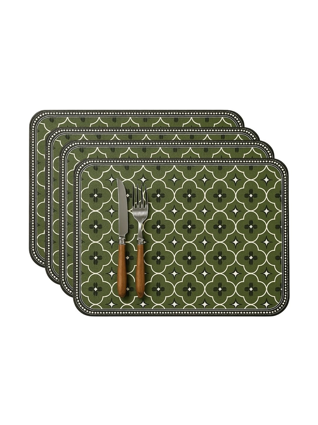 YELONA 4Pcs Green & Beige Patterned Waterproof Heat-Resistant Anti-Slip Table Placemats
