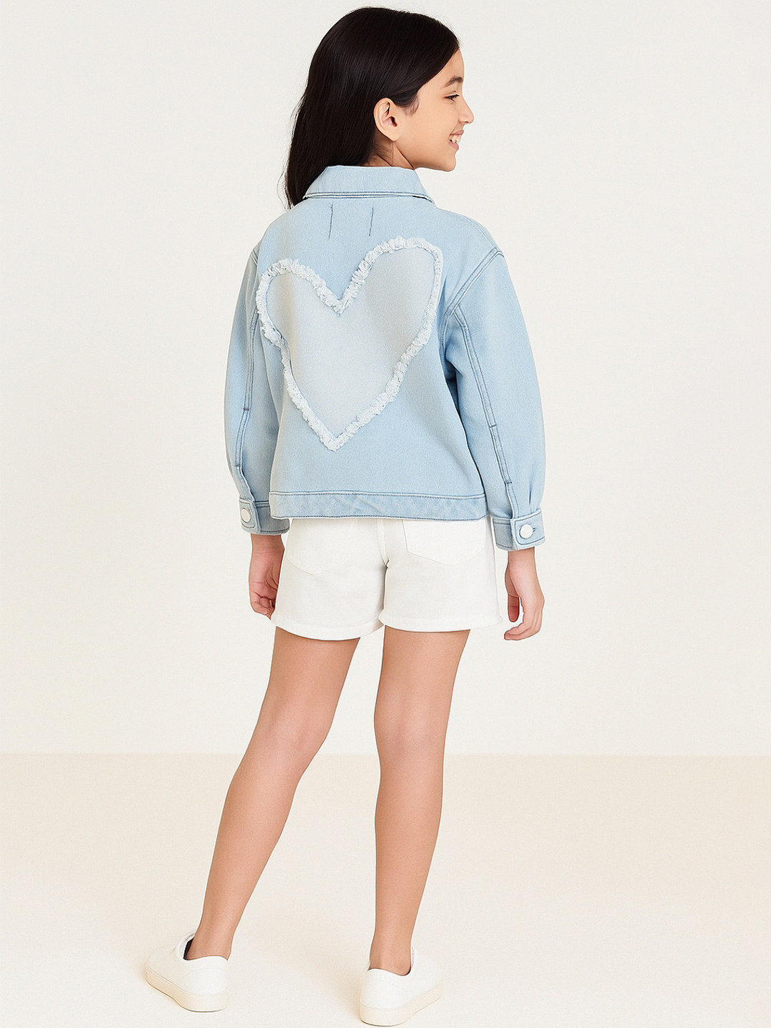TALES & STORIES Girls Spread Collar Denim Jacket With Patchwork