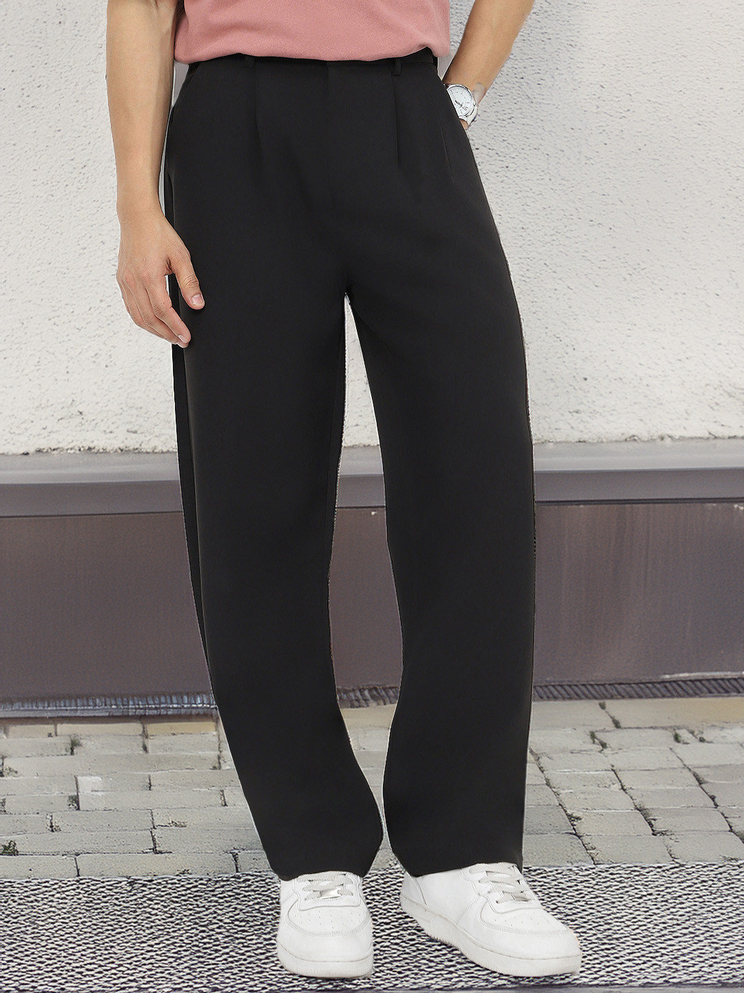 Urbano Fashion Men Black Loose Baggy Fit Solid Korean Trousers Stretchable