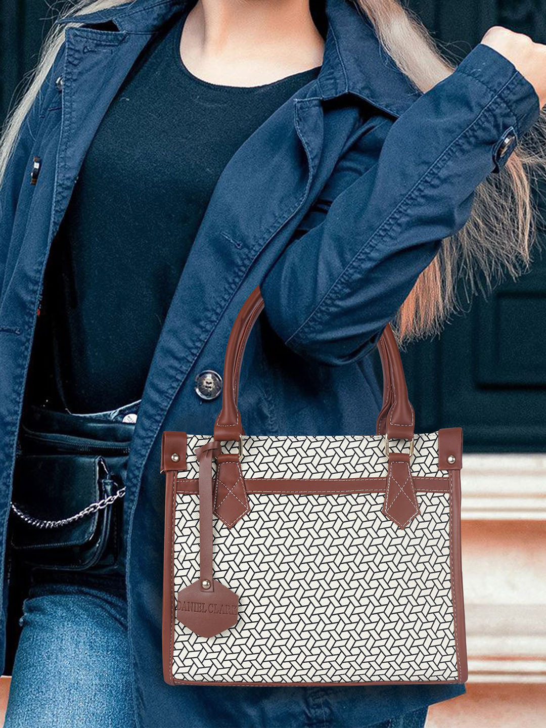 DANIEL CLARK Geometric Printed Structured Handheld Bag