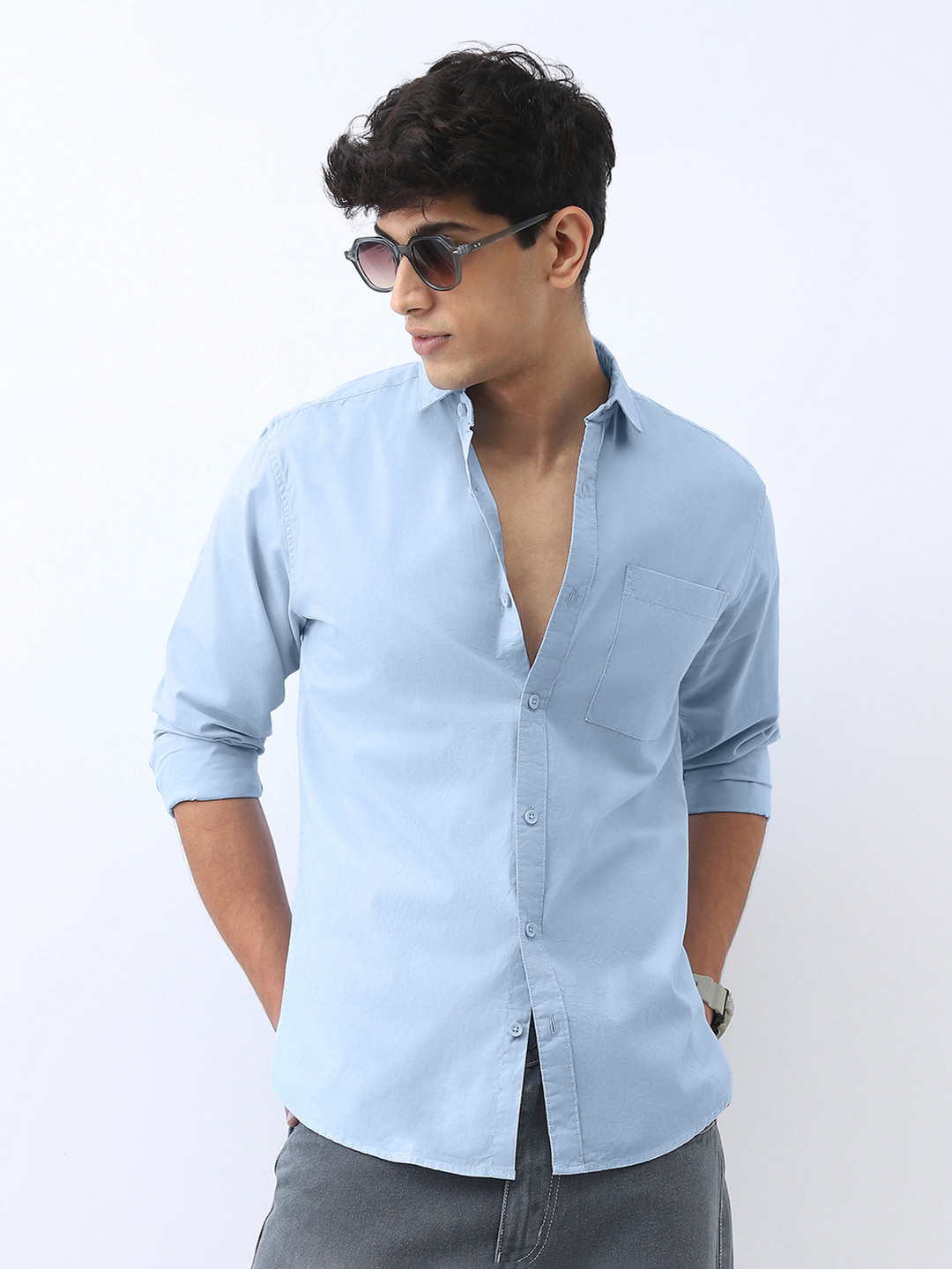 Urbano Fashion Men's Light Blue Cotton Full Sleeve Regular Fit Casual Solid Shirt