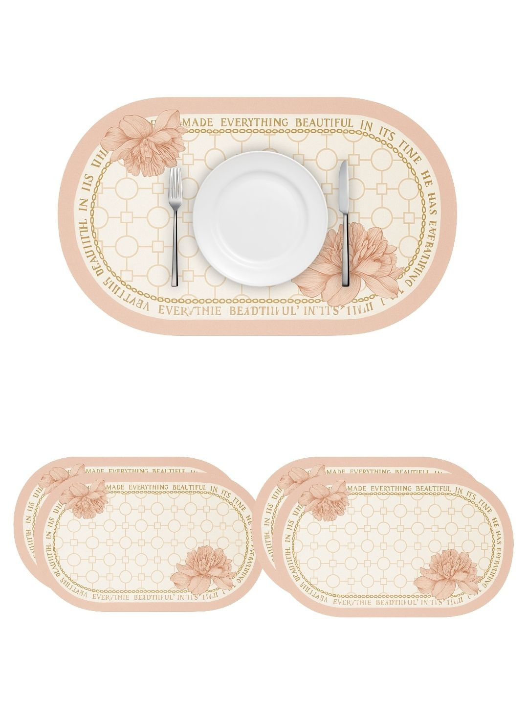 Myntra Elegant Homes 4Pcs Peach-Colored Patterned Waterproof Anti-Slip Table Placemats