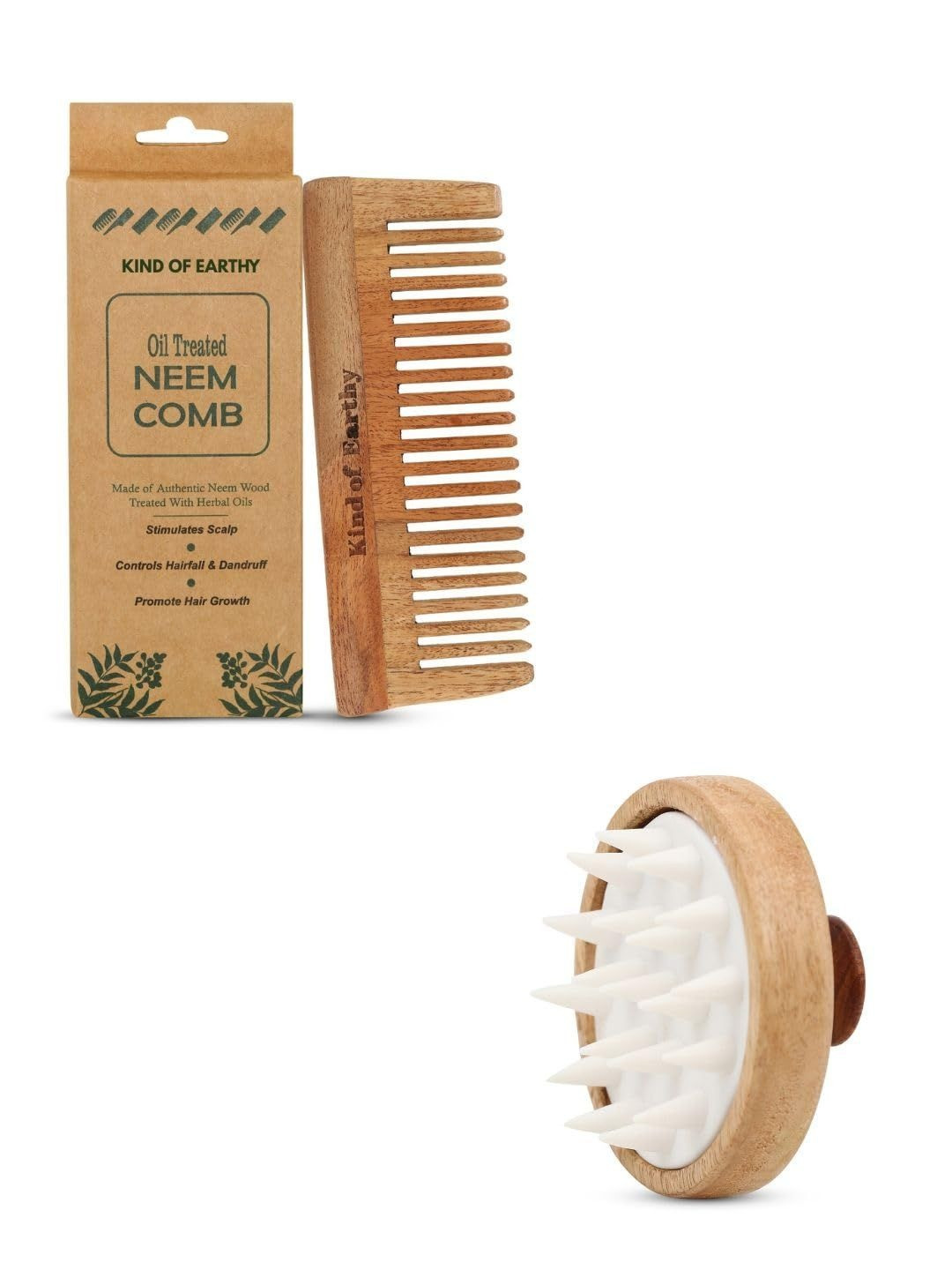 Kind of Earthy Set Of 2 After Shampoo Comb & Wooden Round Scalp Massager