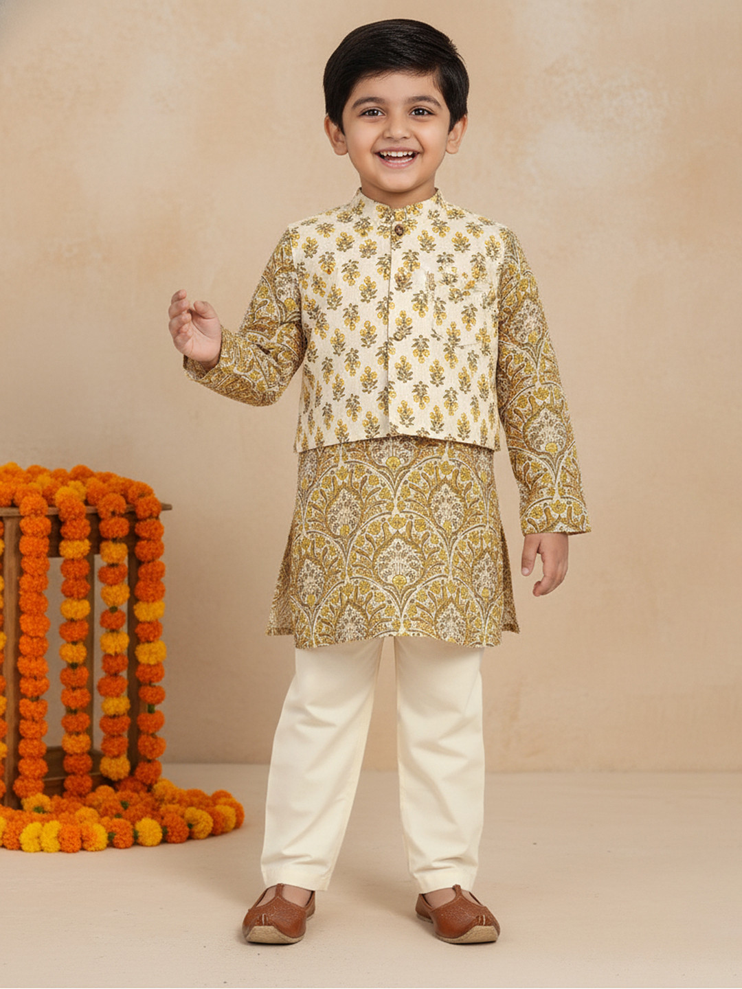Sangria Boys Floral Print Pure Cotton Kurta Sets with Nehru Jacket