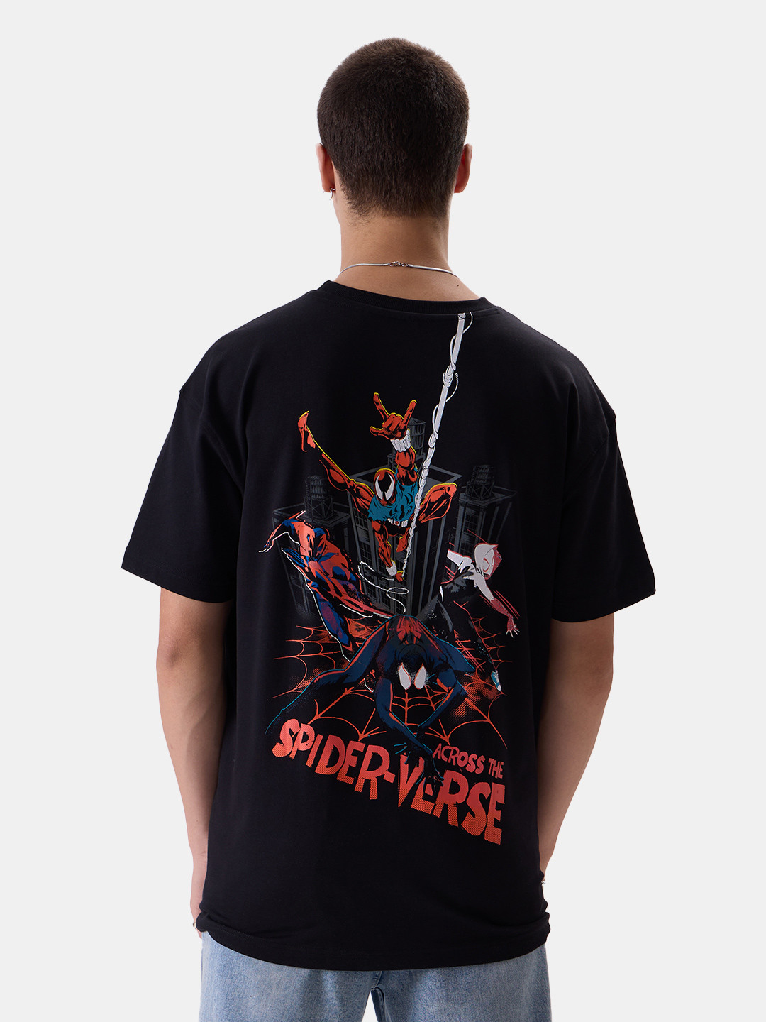 The Souled Store Black & Red & Blue Spider-Man Printed Oversized Pure Cotton T-shirt
