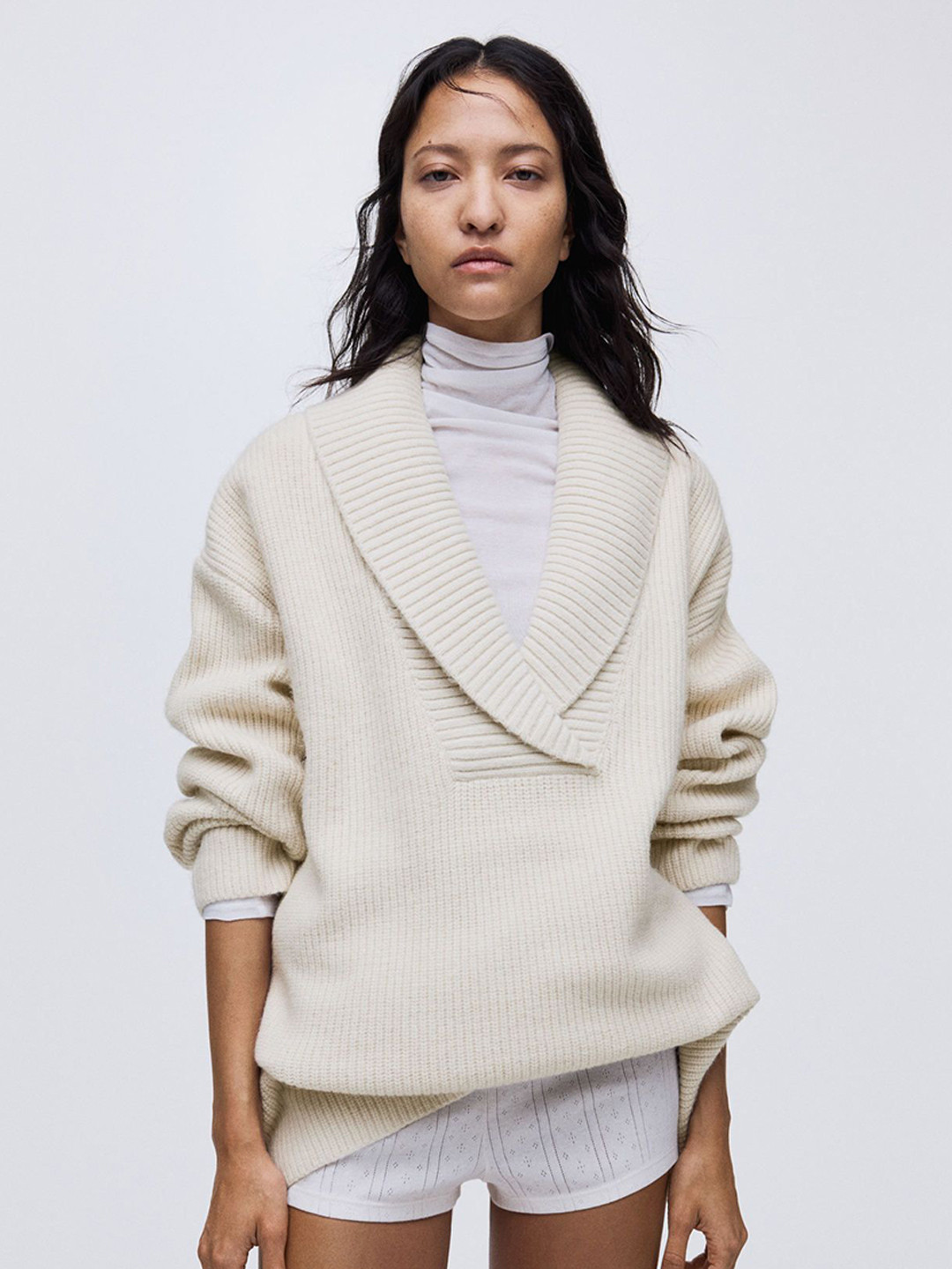 H&M Rib-Knit Shawl-Collar Jumper