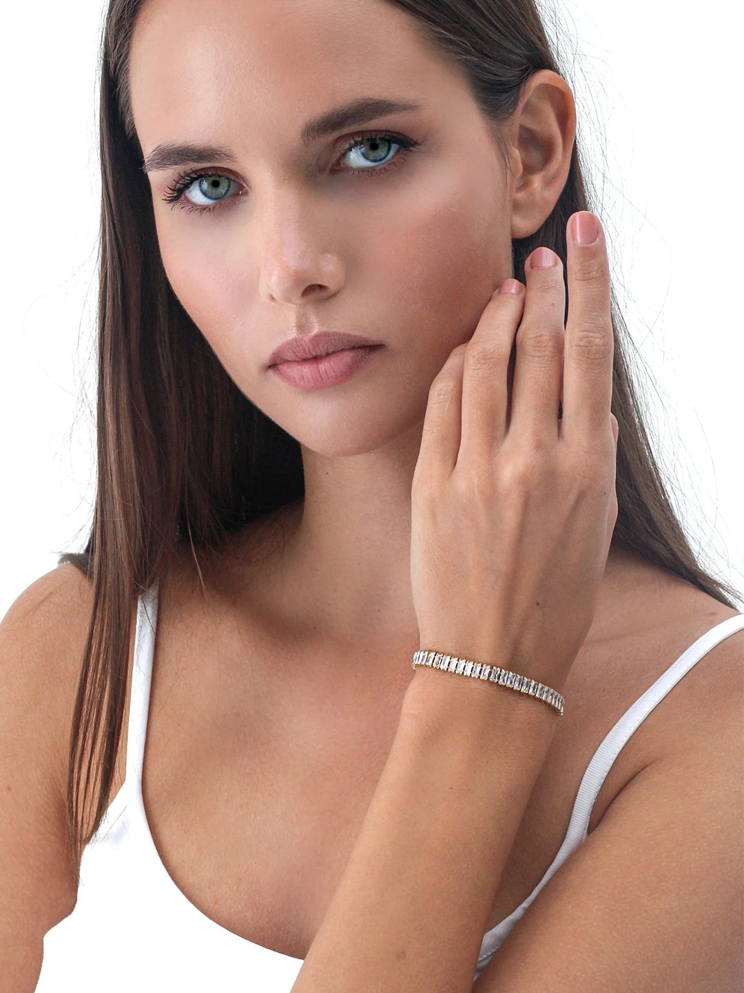 October 22 Women Stainless Steel 18K Gold-Plated Artificial Stones Studded Link Bracelet