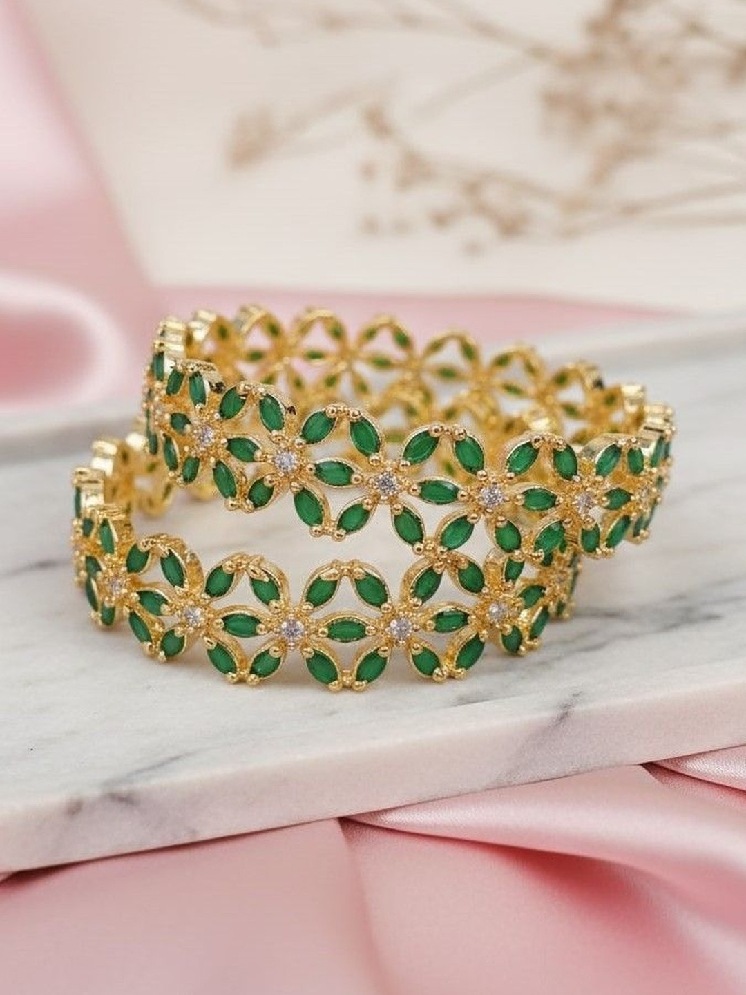 Opal Touch Set Of 2 Gold-Plated & Green Brass American Diamond Bangle