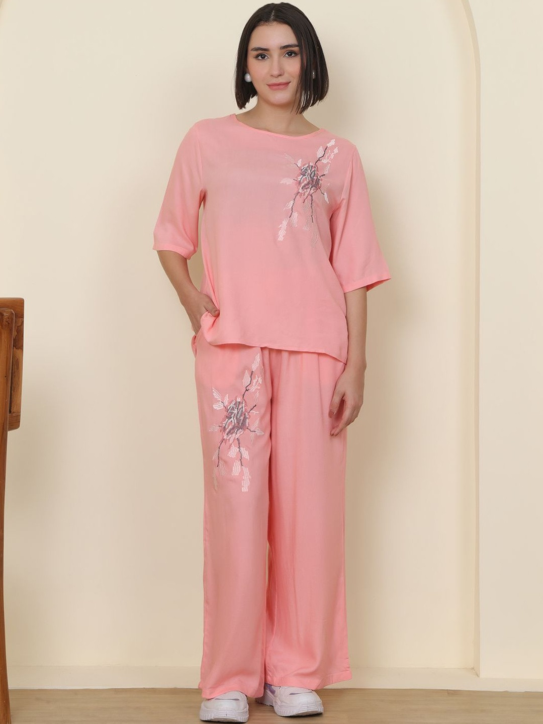PUELLA Embroidered Pure Cotton Round Neck Top With Trousers Co-Ords