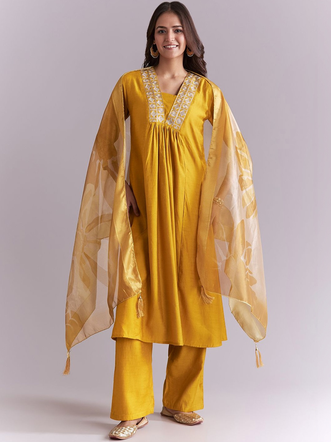 KALKI Fashion Women Ethnic Motifs Embroidered Regular Thread Work Raw Silk Kurta with Palazzos & With Dupatta