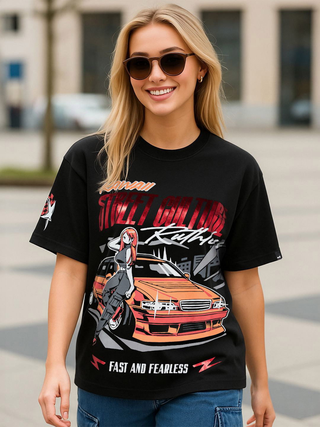 Bewakoof Heavy Duty 1.0 Women Kawaii Racing Graphic Printed Cotton Oversized T-shirt