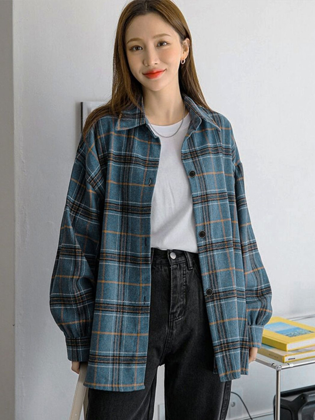 StyleCast Women Blue Tartan Checks Oversized Casual Shirt