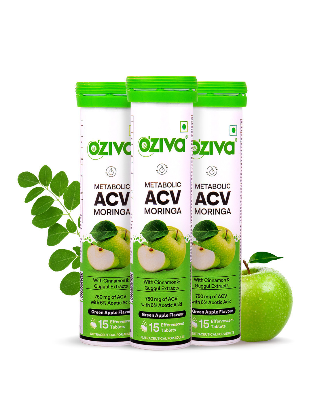 OZiva 3 Pcs Green Apple Flavour Metabolic ACV Moringa 15 Tablets Each To Control Cravings