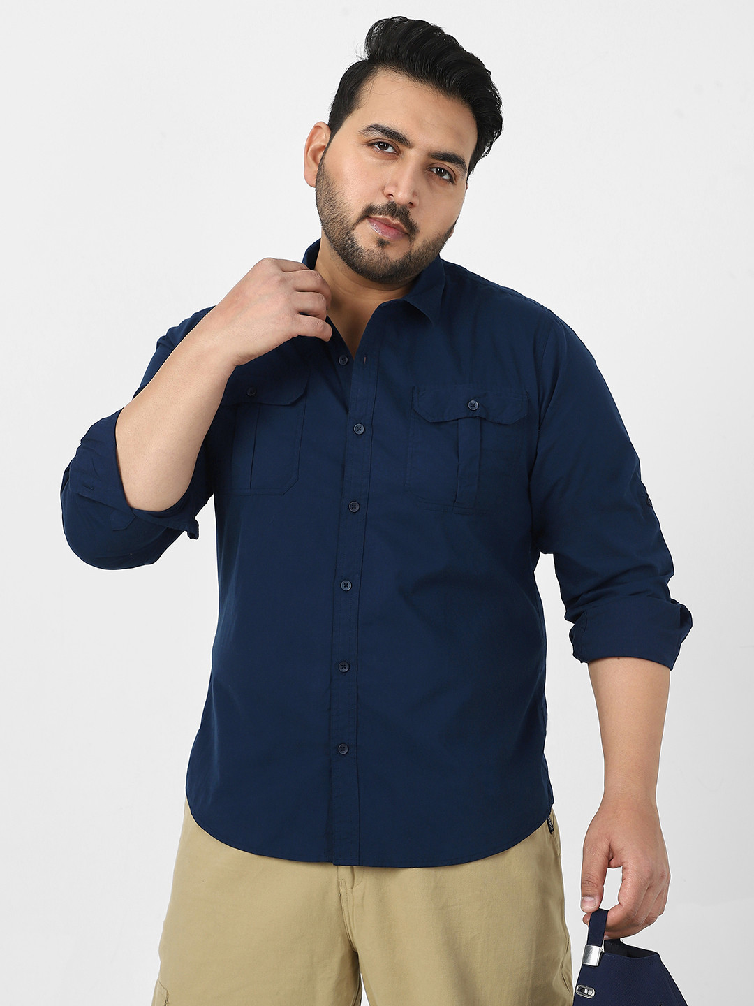 Urbano Plus Men's Navy Cotton Full Sleeve Regular Fit Casual Solid Shirt