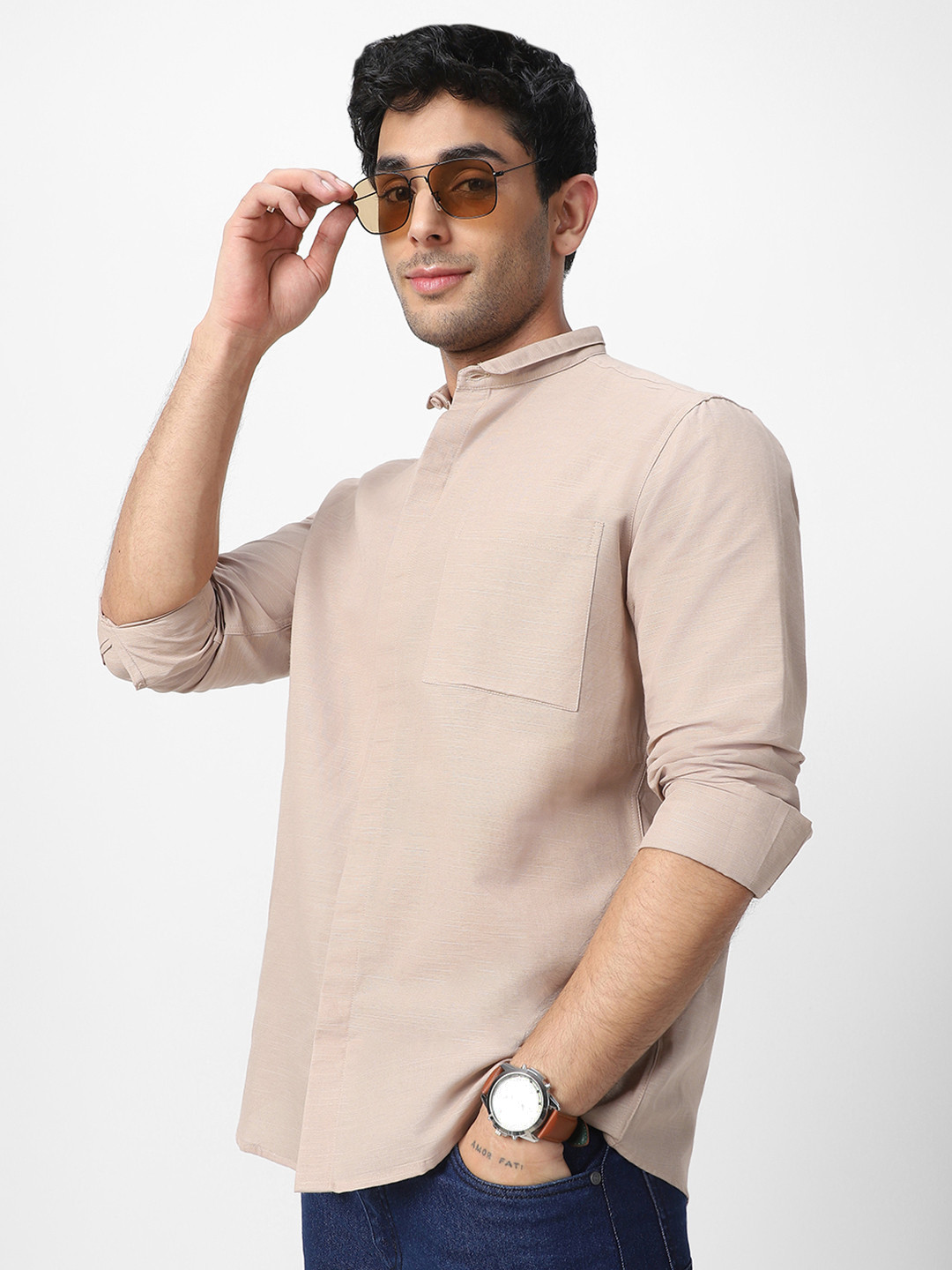 Urbano Fashion Men Club Collar Solid Cotton Casual Shirt