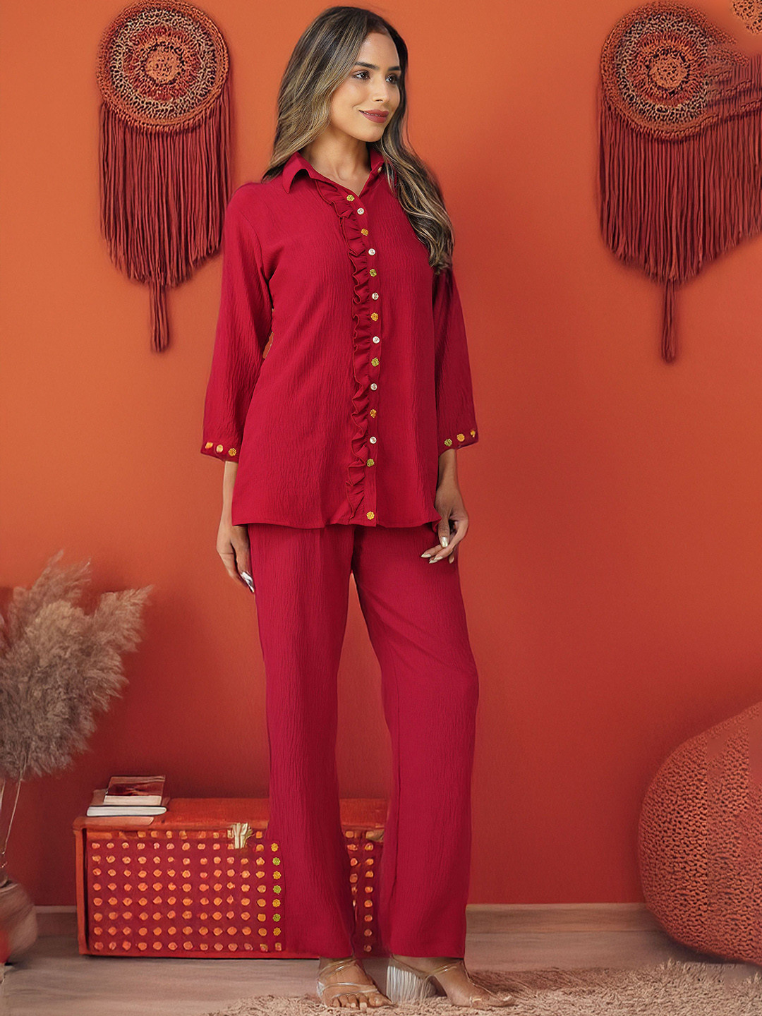 Bindigasm Phoolmati Floral Embroidered Shirt Collar Shirt With Trousers