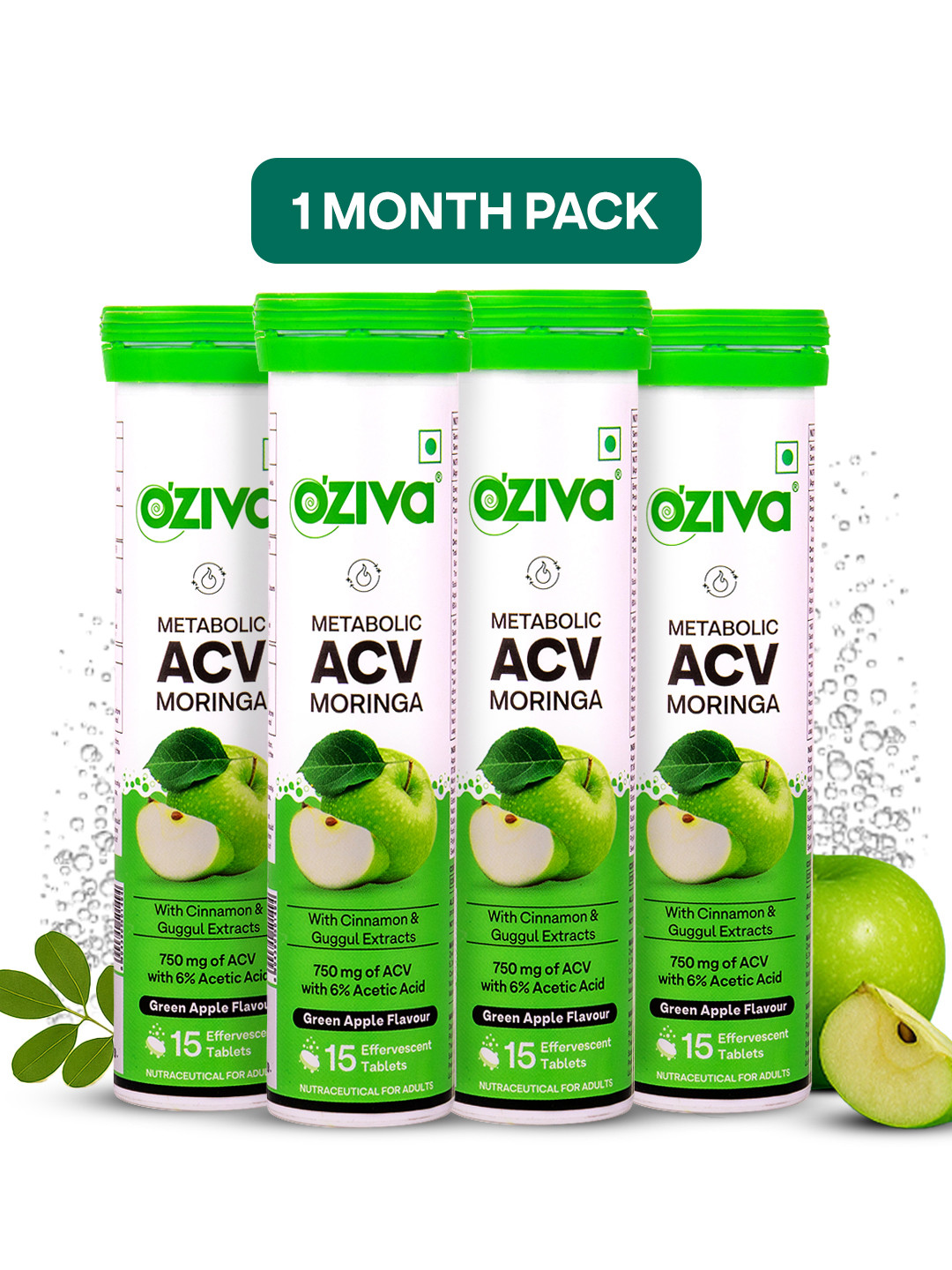 OZiva Set Of 4 Green Apple Flavour Apple Cider Vinegar ACV Moringa Tablets - 15 Tabs Each