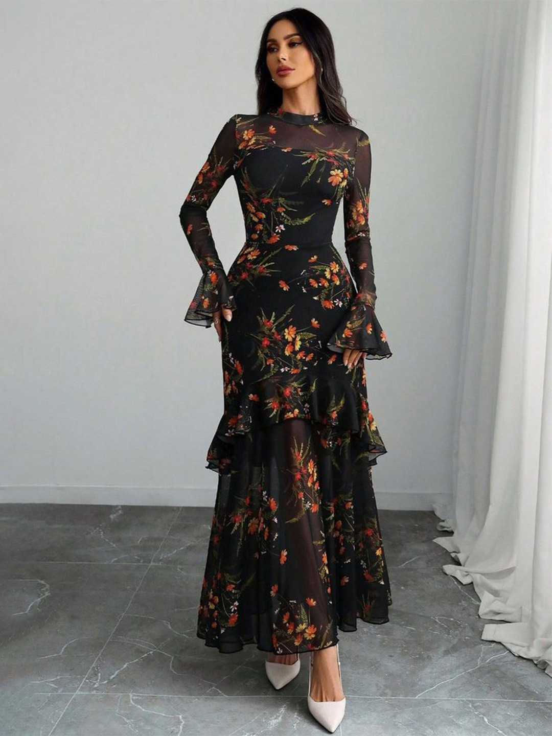 LULU & SKY Floral Print Flared Sleeve Ruffled Maxi Dress