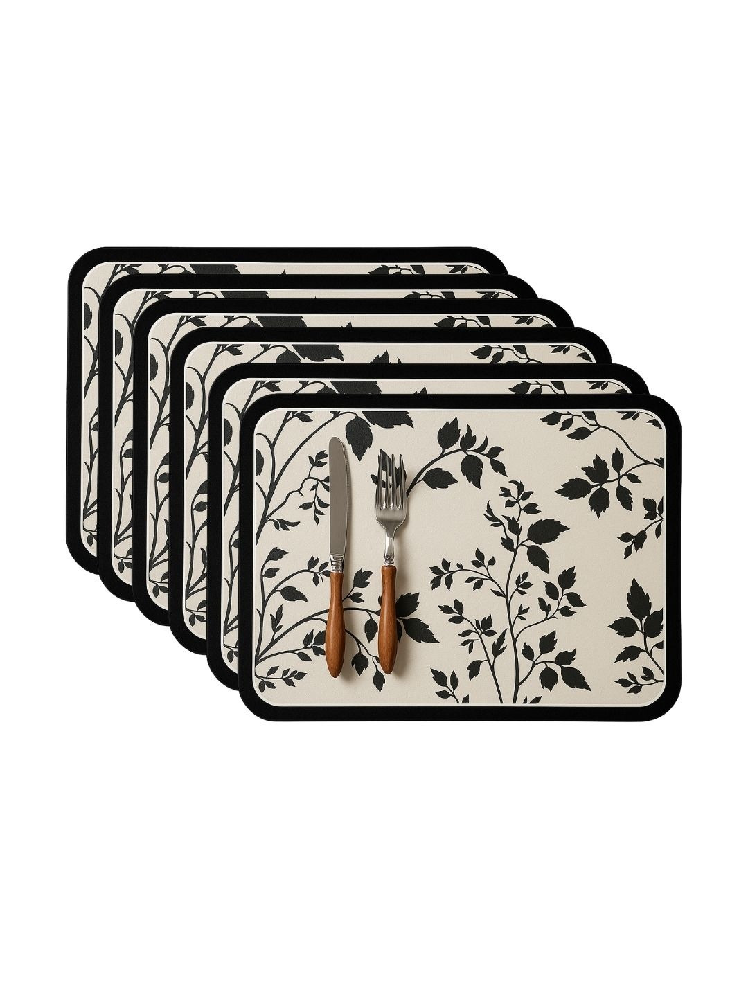 YELONA 6Pcs Beige & Black Patterned Waterproof Heat-Resistant Anti-Slip Table Placemats