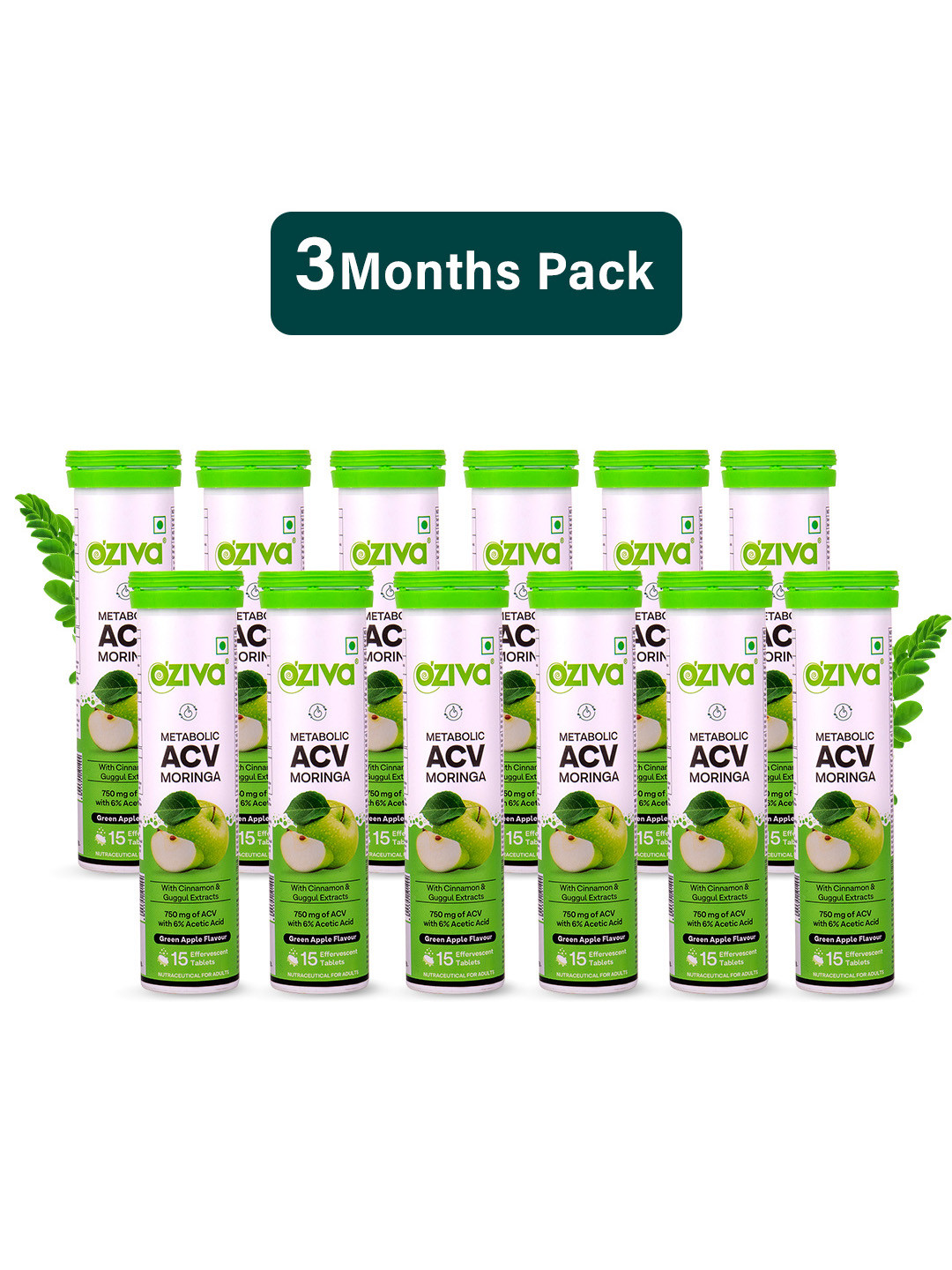 OZiva 12Pcs Green Apple Flavour Metabolic ACV Moringa 15 Tablets Each To Control Cravings