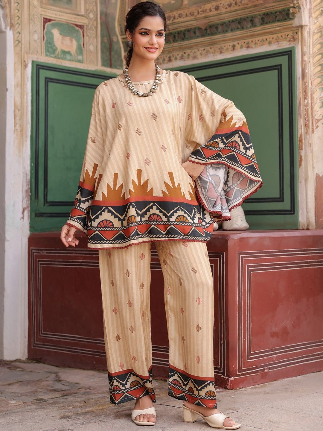 Rain & Rainbow Geometric Printed Kaftan & Trousers Set