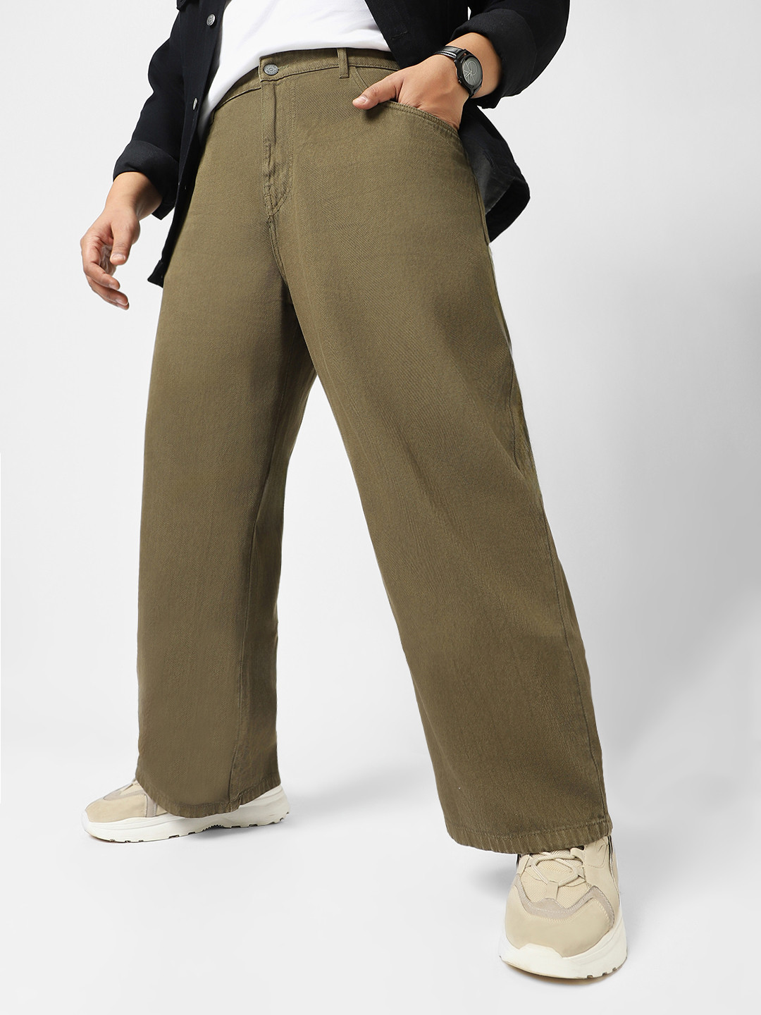 Urbano Plus Men's Khaki Loose Baggy Fit  Non-Stretchable Washed Jeans