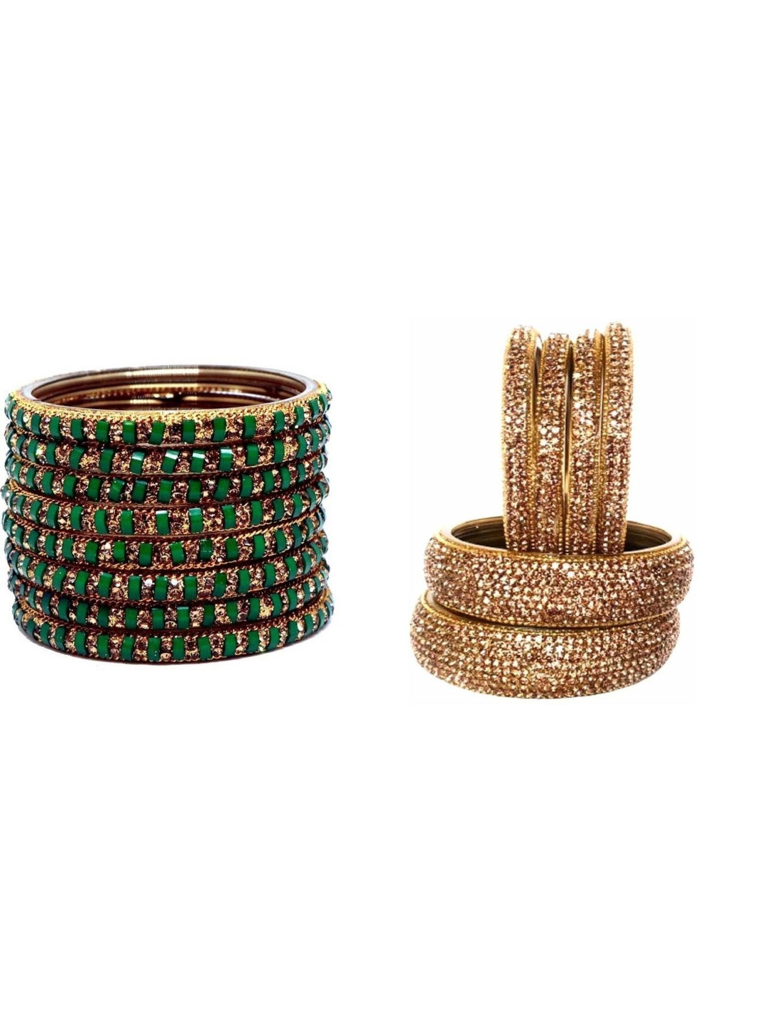 Adiba Fashion Factory Set Of 14 Green & Gold Glass Artificial Stones & Beads Bangle