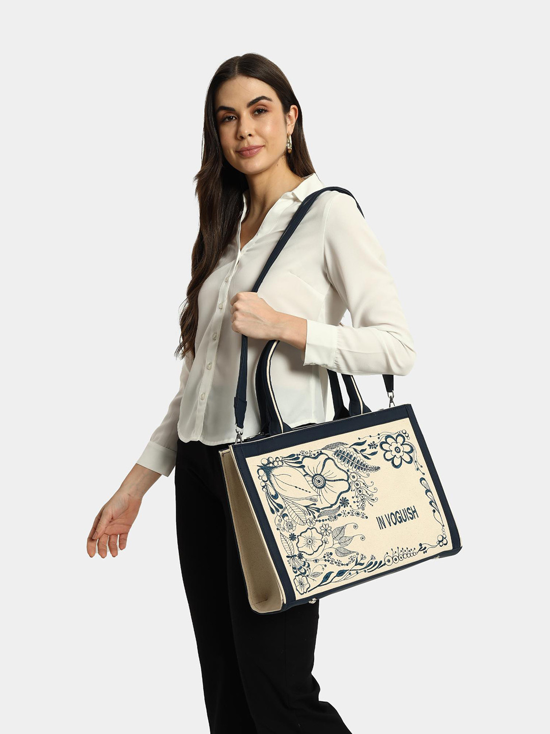 IN VOGUISH Women Floral Embroidered Canvas Denim Structured Tote Bag