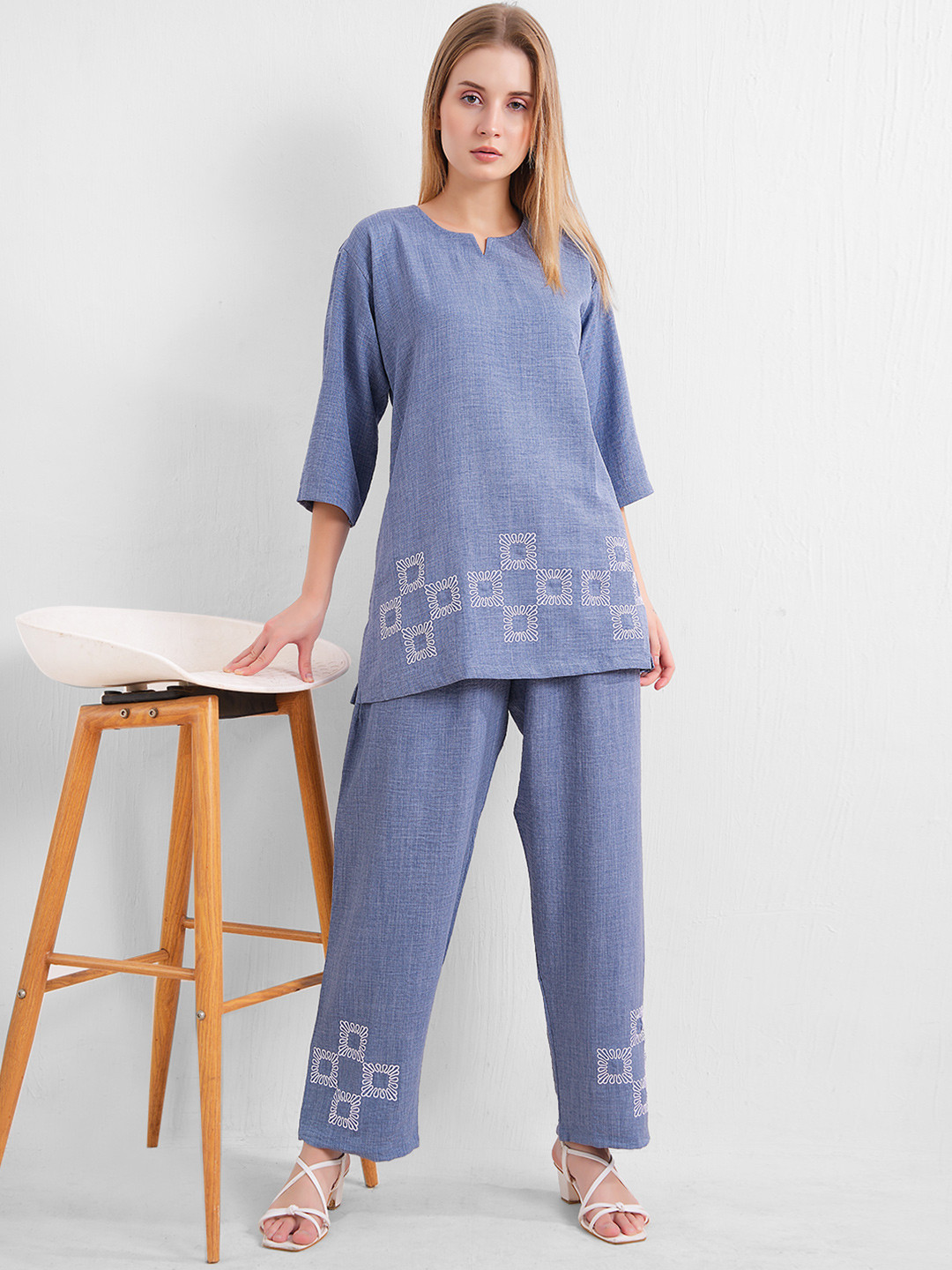 L&M Leisure and Moods Women Embroidered Thread Work Linen Kurti with Trousers