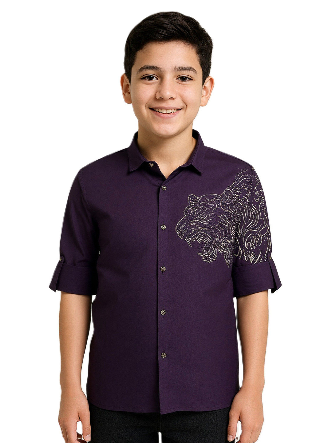 CHARCHIT Embroidered Animal Cotton Three-Quarter Sleeves Shirt