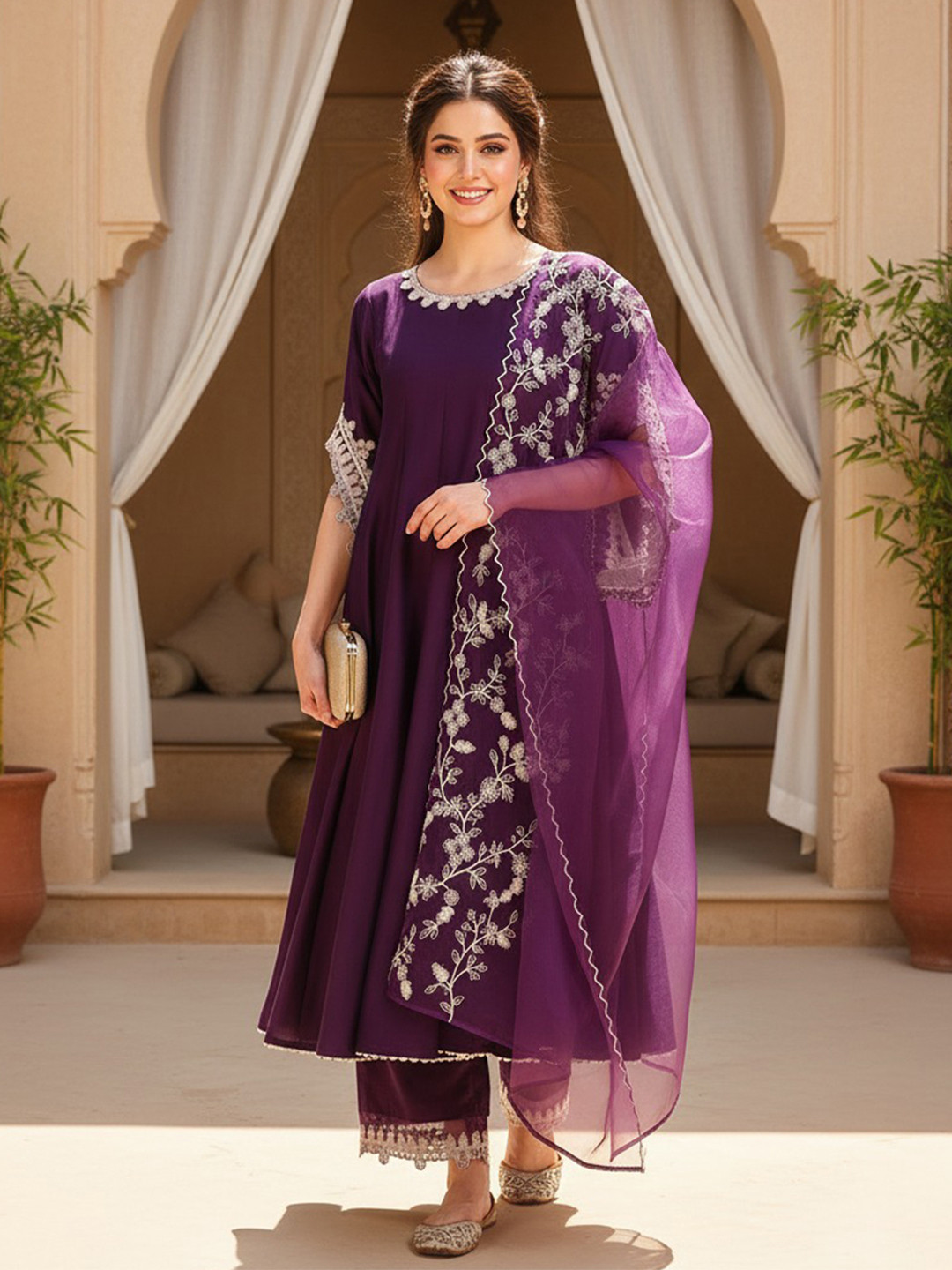 AHIKA Empire Thread Work Anarkali Kurta With Trousers & Dupatta