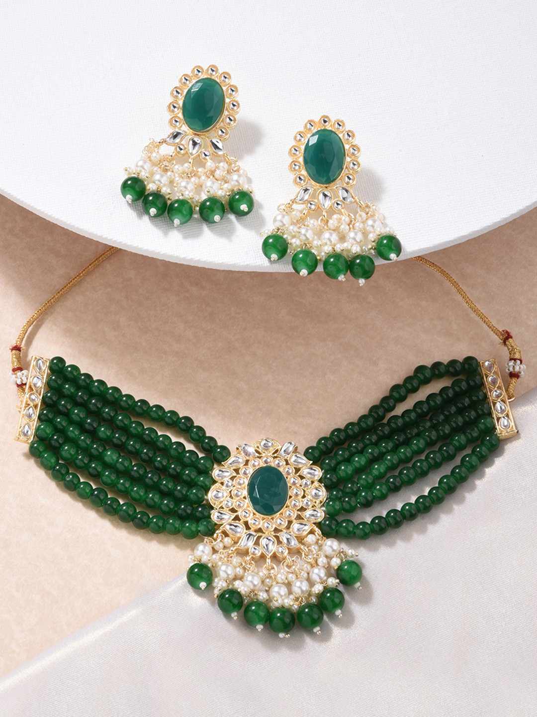 Fida Gold-Plated White & Green Stone-Studded & Beaded Choker Necklace & Earrings