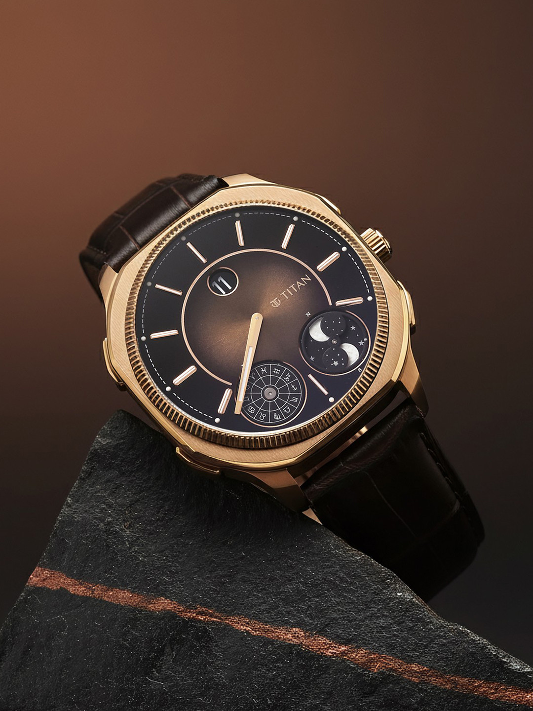 Titan Men Stellar Quartz Brown Shaped Dial Watch - 10053QL01