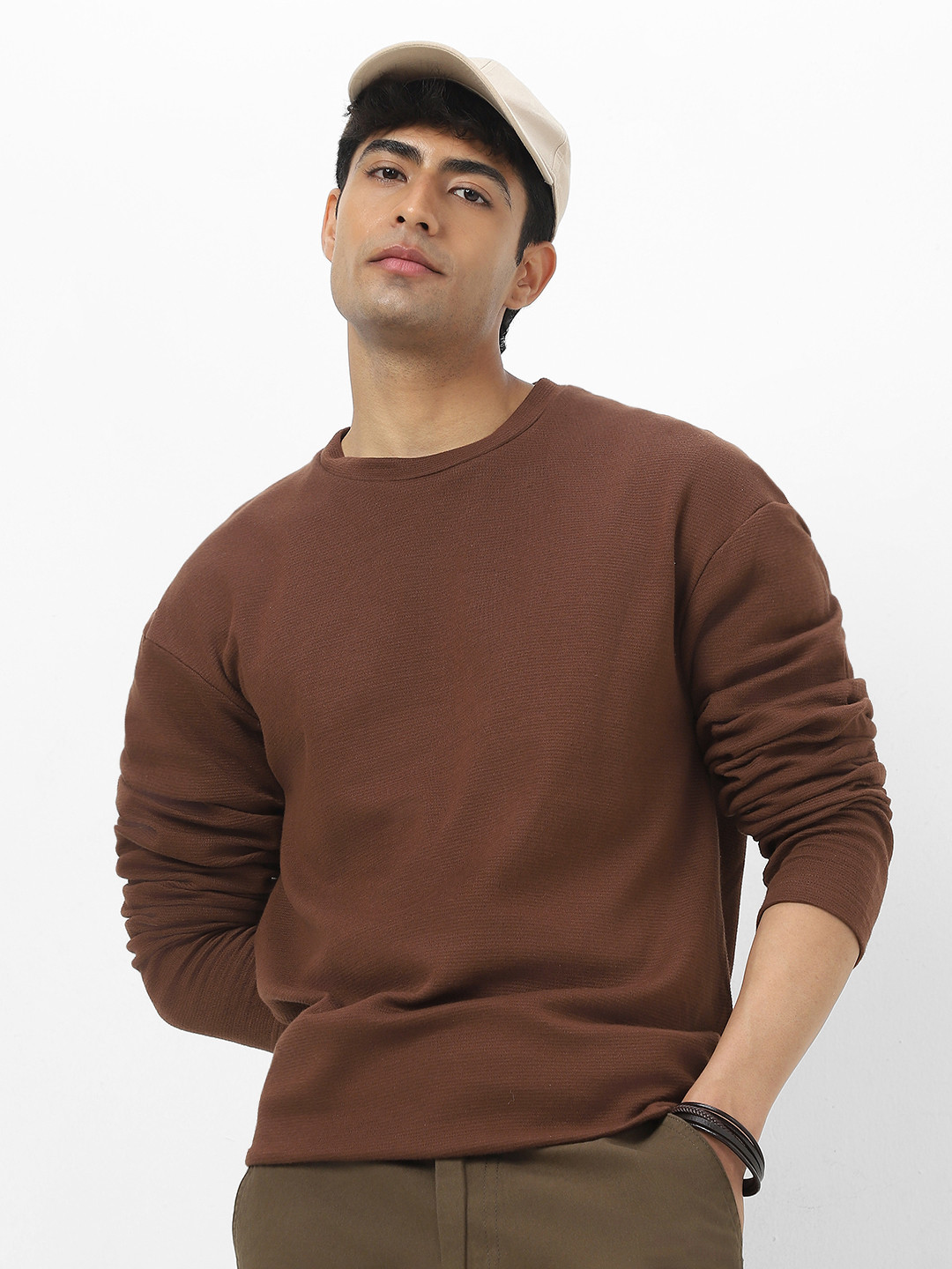 Urbano Fashion Men Textured Round Neck Oversized Full Sleeve Cotton T-Shirt