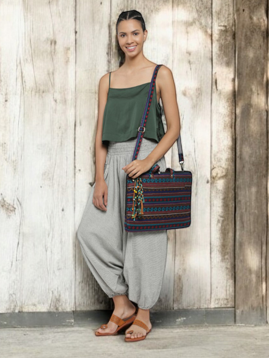 The House of Tara Women Multicoloured Textured Laptop Bag