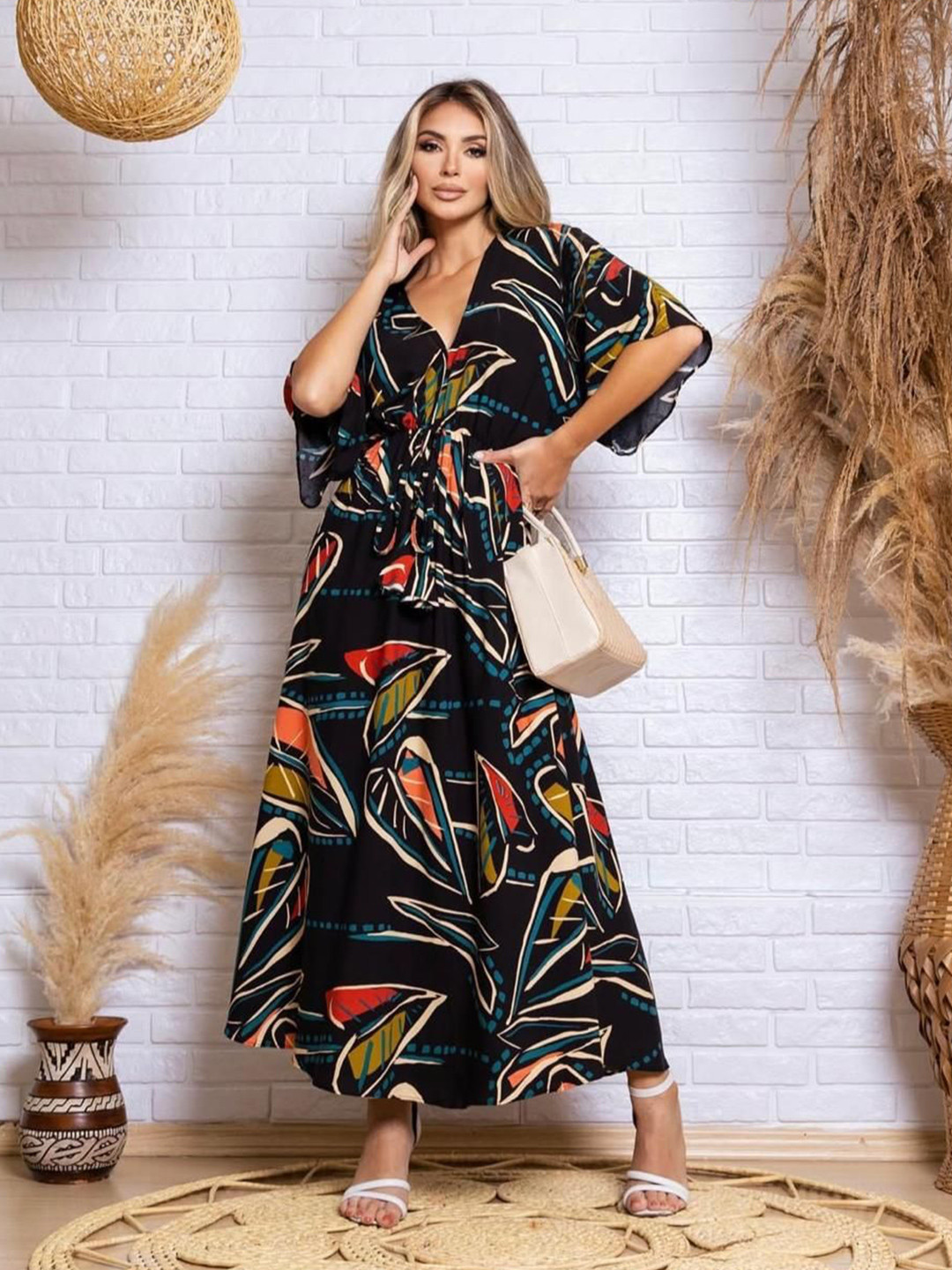 MANOJAVA Print Kimono Sleeve Midi Dress