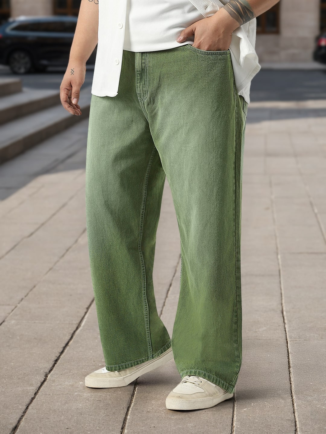 Urbano Plus Men Olive  Washed Relaxed Fit Jeans Non-Stretchable