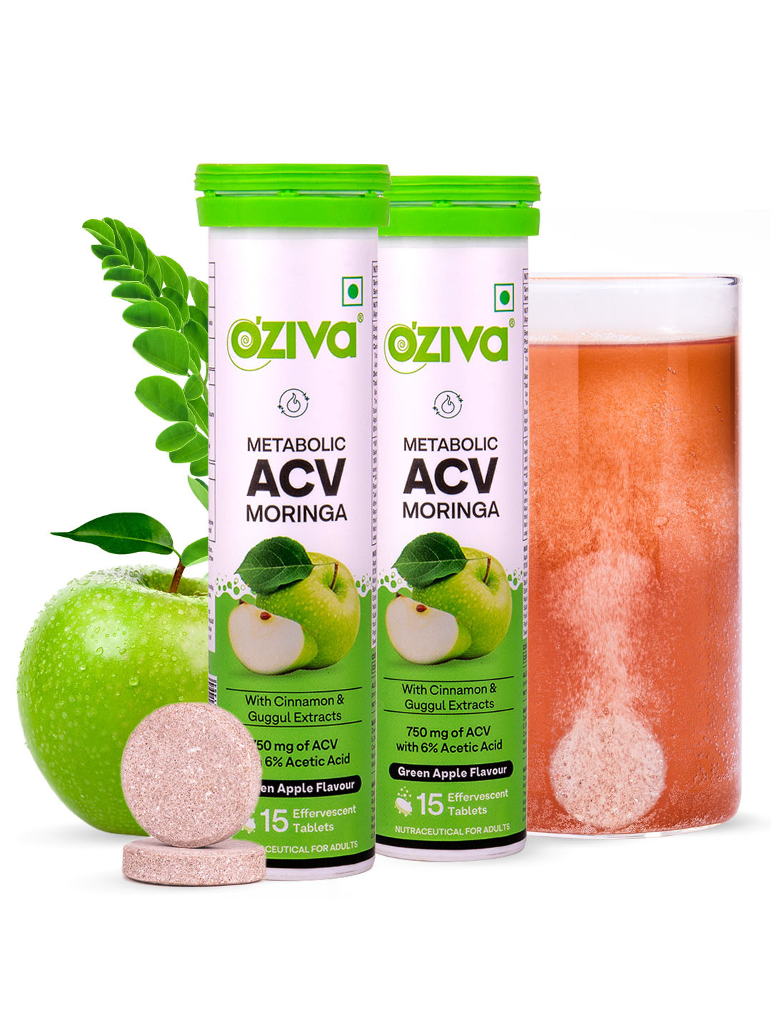 OZiva Set Of 2 Green Apple Flavour Apple Cider Vinegar ACV Moringa Tablets - 15 Tabs Each