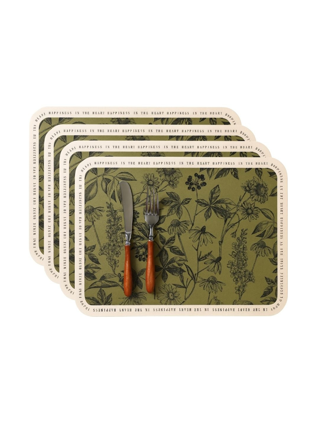 YELONA 4Pc Olive-Green & Beige Patterned Heat-Resistant Anti-Slip Table Placemat