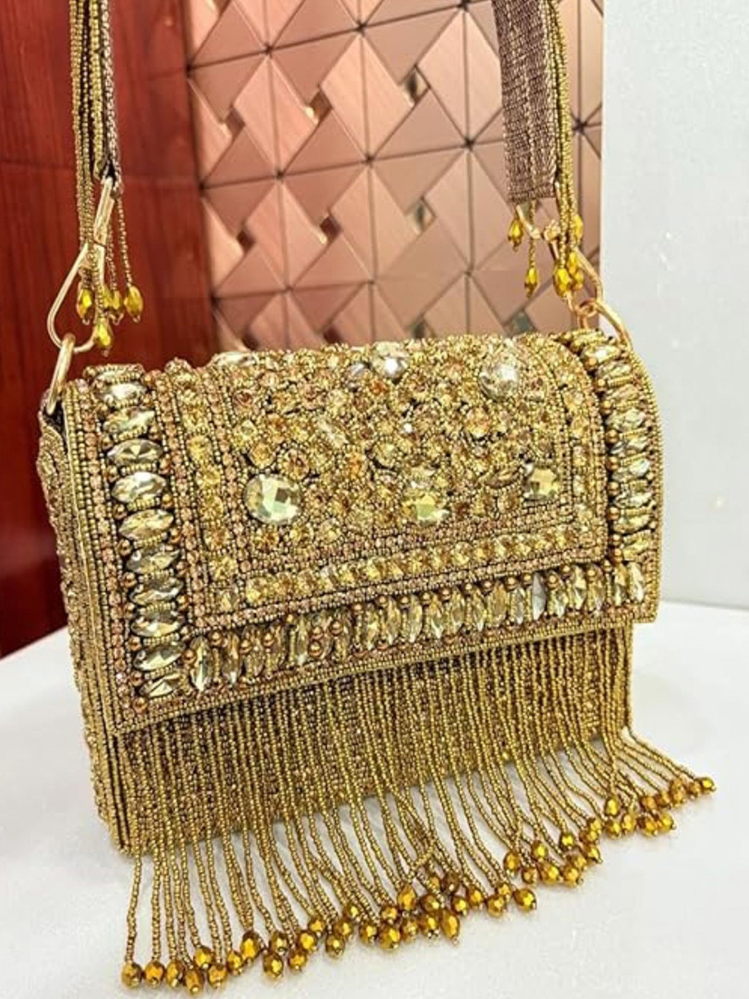 SKIMMER Gold & Rose Gold Embroidered Beaded Fringe Clutch